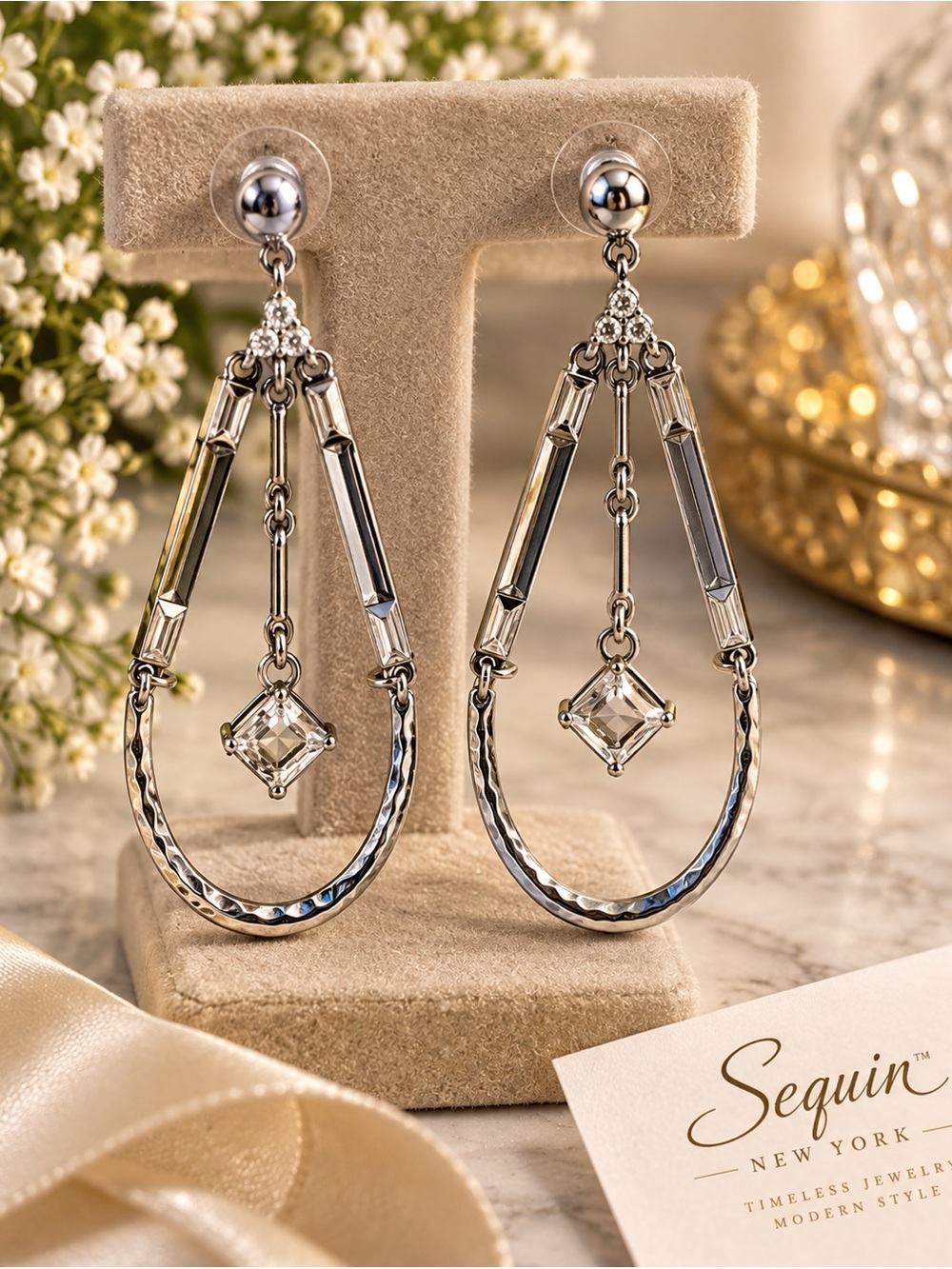 Silver Teardrop Crystal Dangle Earrings
